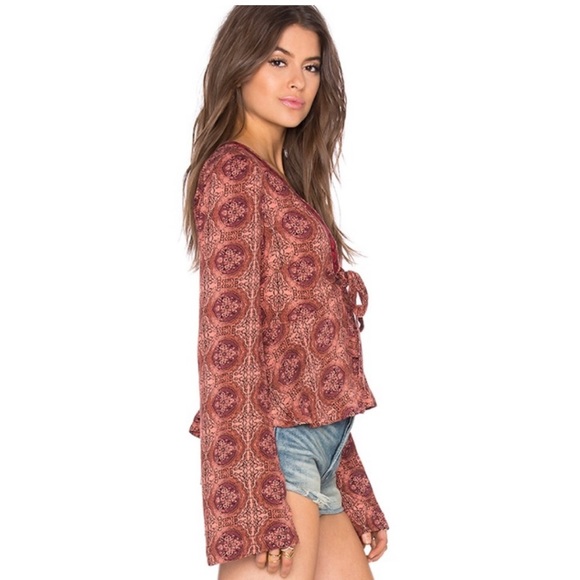 Free People Time of Your Life Bell Sleeve, Boho Top in Coral Combo - Picture 7 of 7